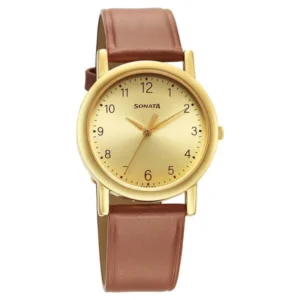 Sonata Classic Quartz Analog Champagne Dial Brown Leather Strap Watch for Men